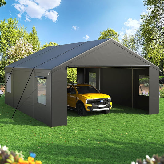 NETAJE 20'x20' Heavy Duty Portable Outdoor Garage Carport with Side-Opening Door, Roll-up Windows, Four-Hole Base for Car, Black
