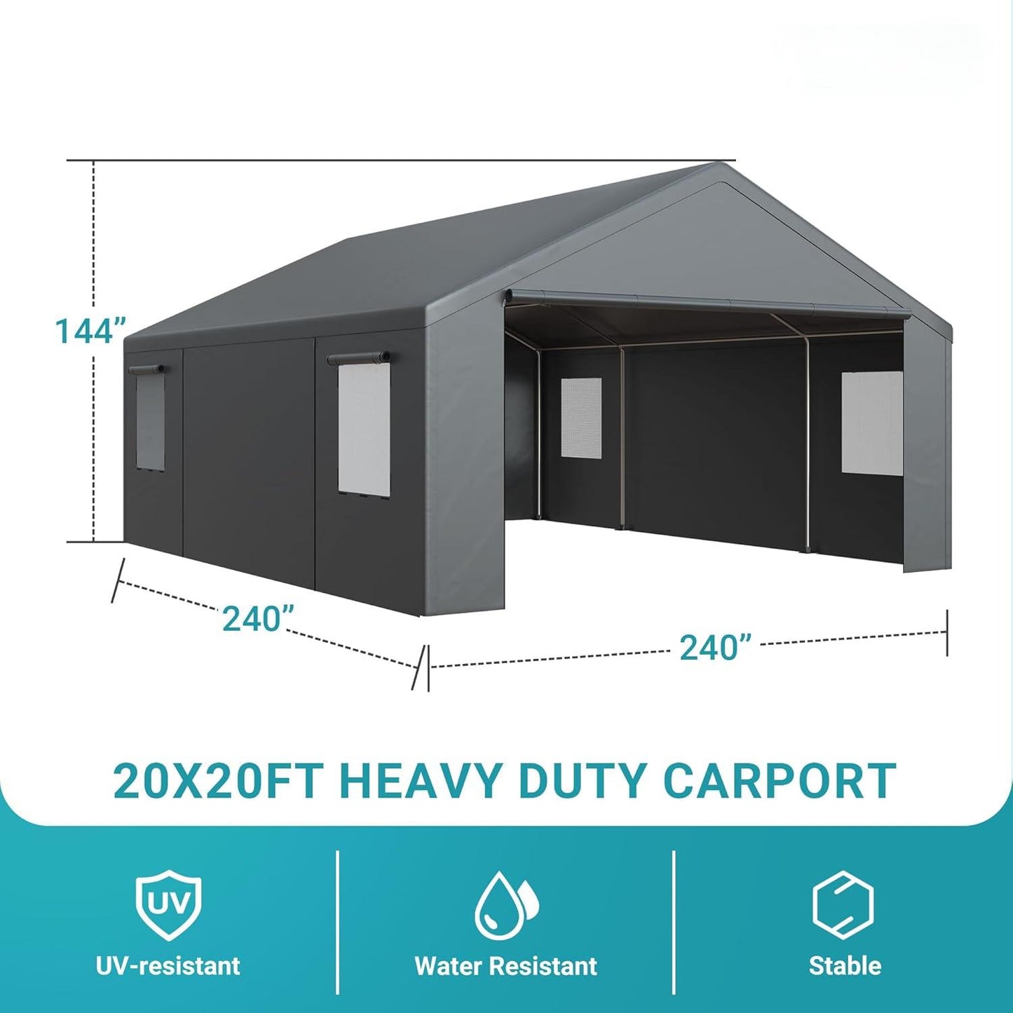 NETAJE 20'x20' Heavy Duty Portable Outdoor Garage Carport with Side-Opening Door, Roll-up Windows, Four-Hole Base for Car, Black