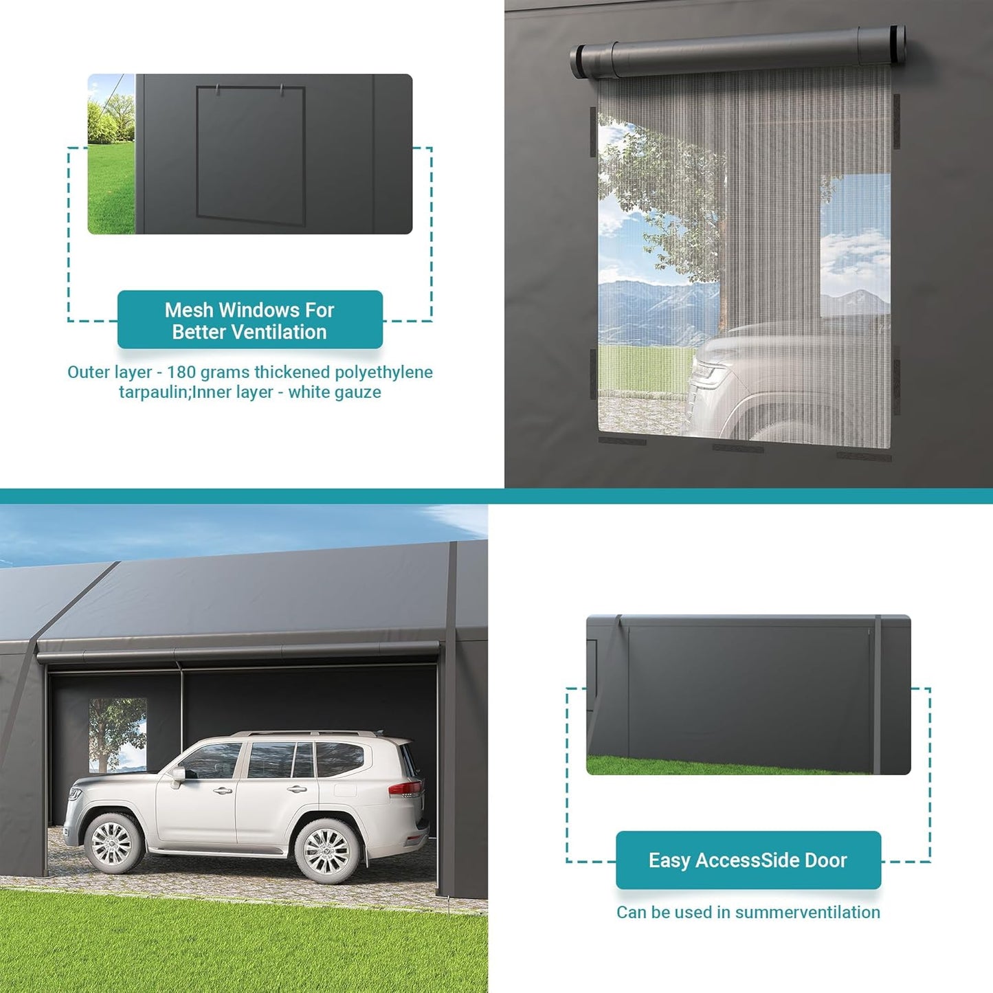 NETAJE 20'x20' Heavy Duty Portable Outdoor Garage Carport with Side-Opening Door, Roll-up Windows, Four-Hole Base for Car, Black