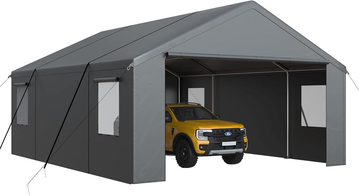 NETAJE 20'x20' Heavy Duty Portable Outdoor Garage Carport with Side-Opening Door, Roll-up Windows, Four-Hole Base for Car, Black