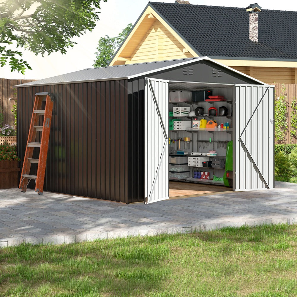 10'x10' Outdoor Storage Shed with Updated Frame Structure and Lockable Doors, Metal Tool Sheds for Backyard Garden Patio Lawn