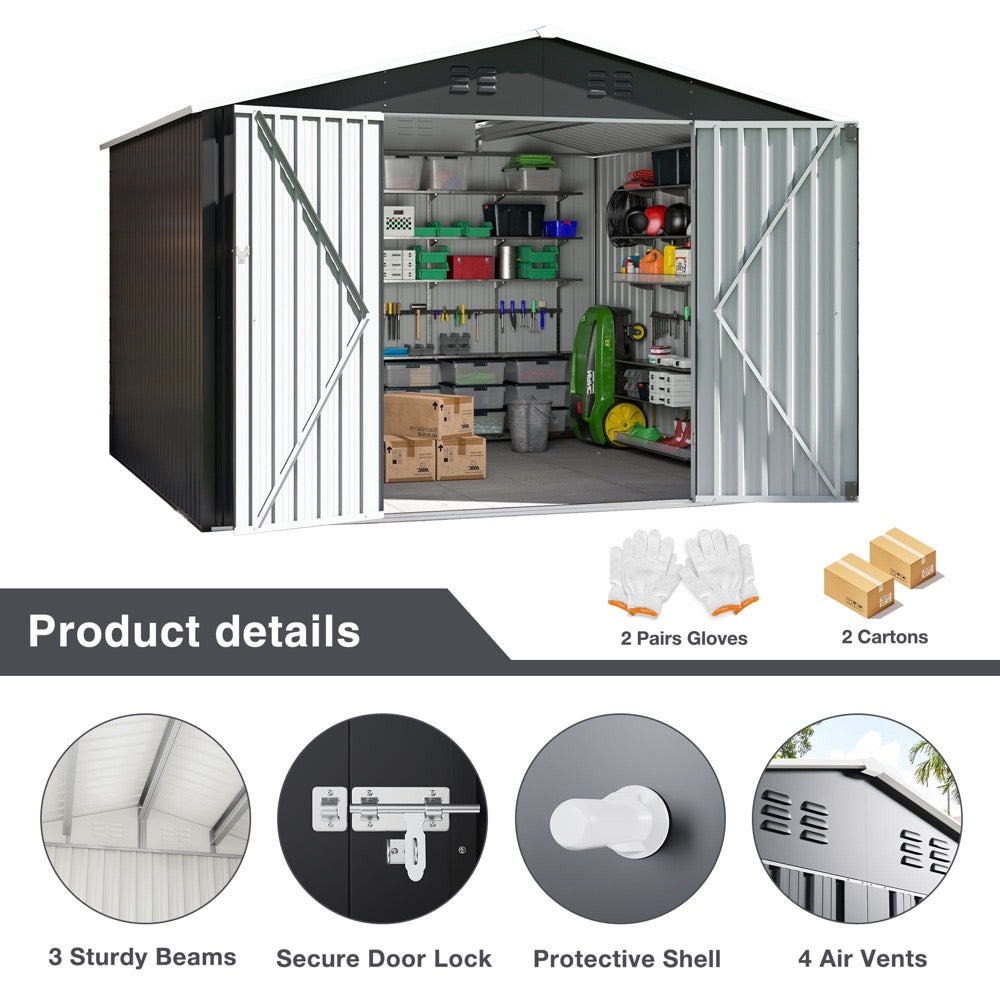 10'x10' Outdoor Storage Shed with Updated Frame Structure and Lockable Doors, Metal Tool Sheds for Backyard Garden Patio Lawn