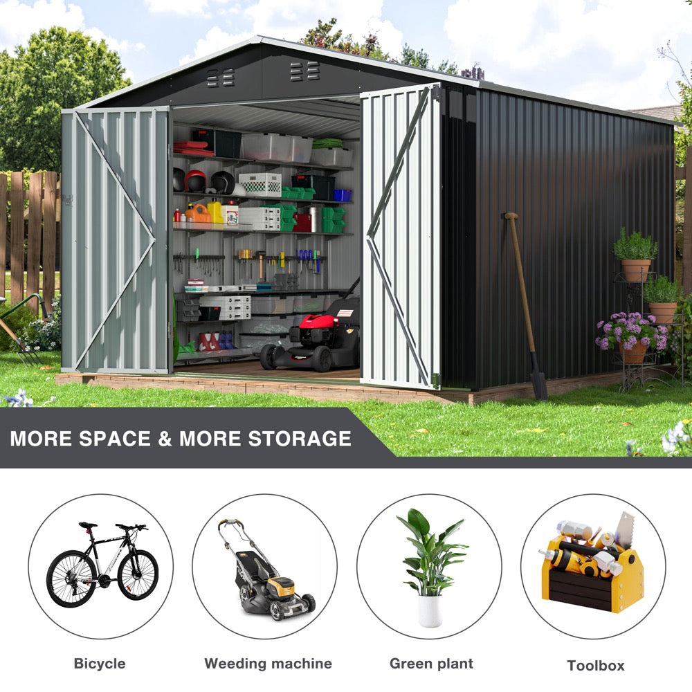 10'x10' Outdoor Storage Shed with Updated Frame Structure and Lockable Doors, Metal Tool Sheds for Backyard Garden Patio Lawn