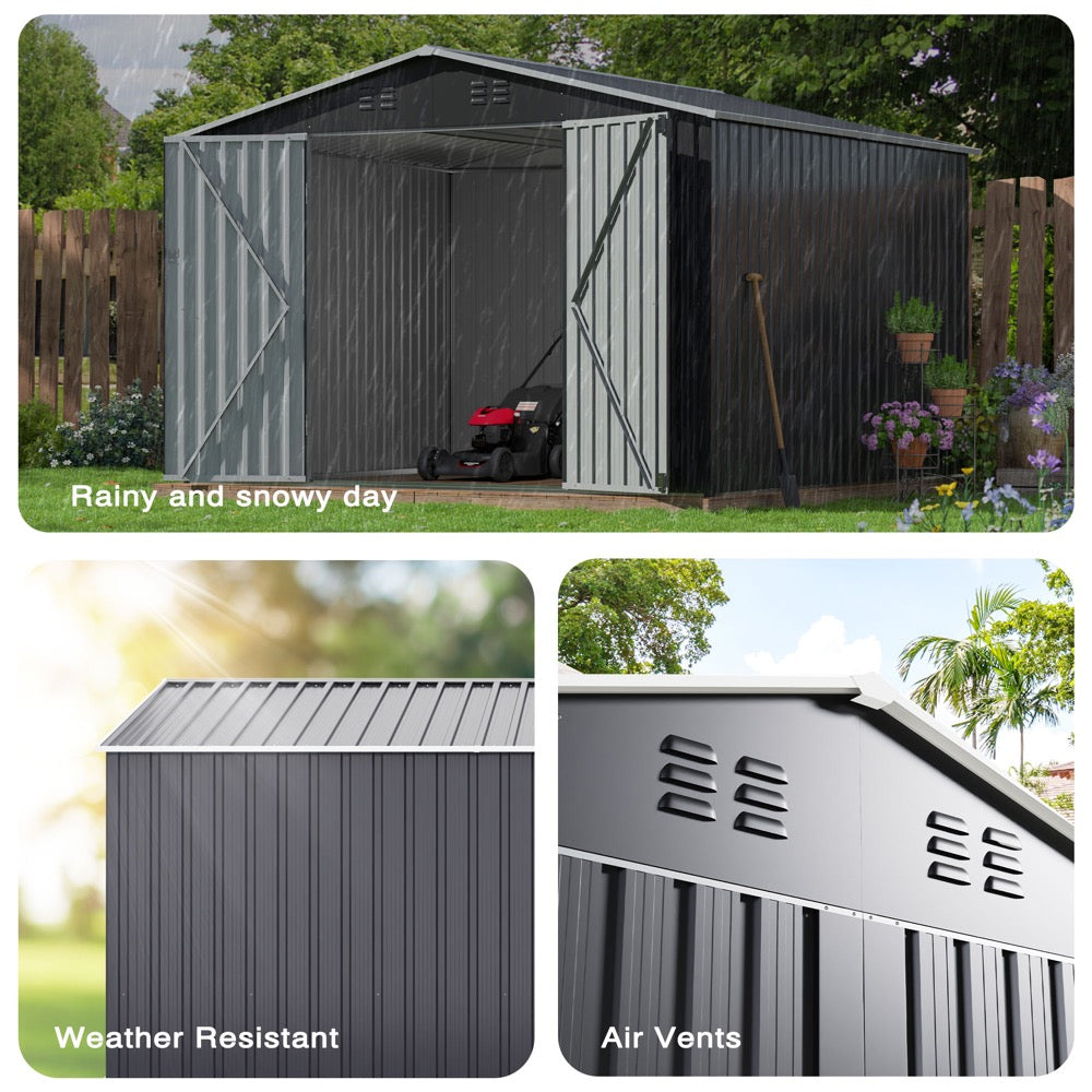 10'x10' Outdoor Storage Shed with Updated Frame Structure and Lockable Doors, Metal Tool Sheds for Backyard Garden Patio Lawn