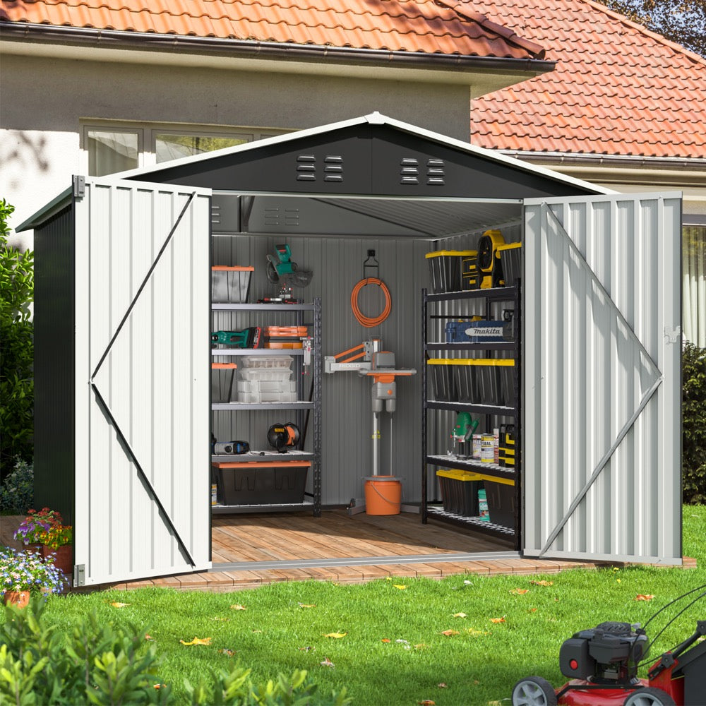 8'x8' Outdoor Storage Shed with Updated Frame Structure and Lockable Doors, Metal Tool Sheds for Backyard Garden Patio Lawn