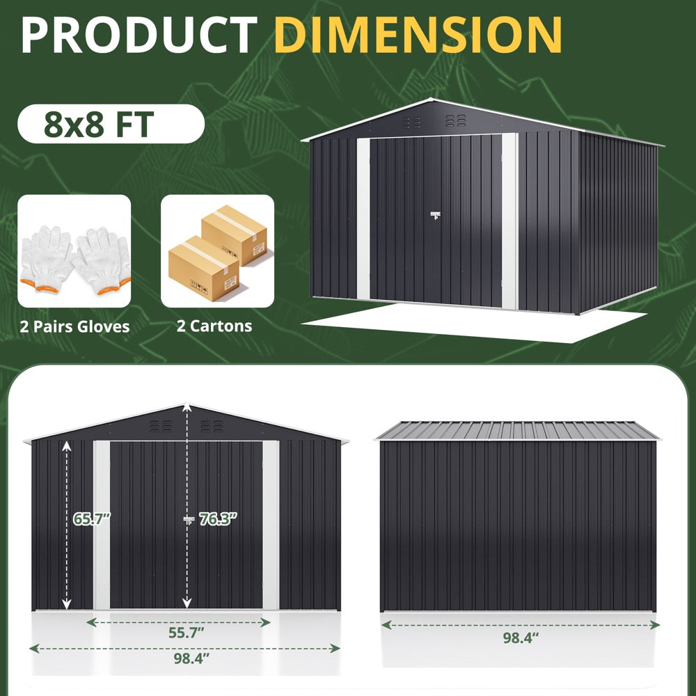 8'x8' Outdoor Storage Shed with Updated Frame Structure and Lockable Doors, Metal Tool Sheds for Backyard Garden Patio Lawn