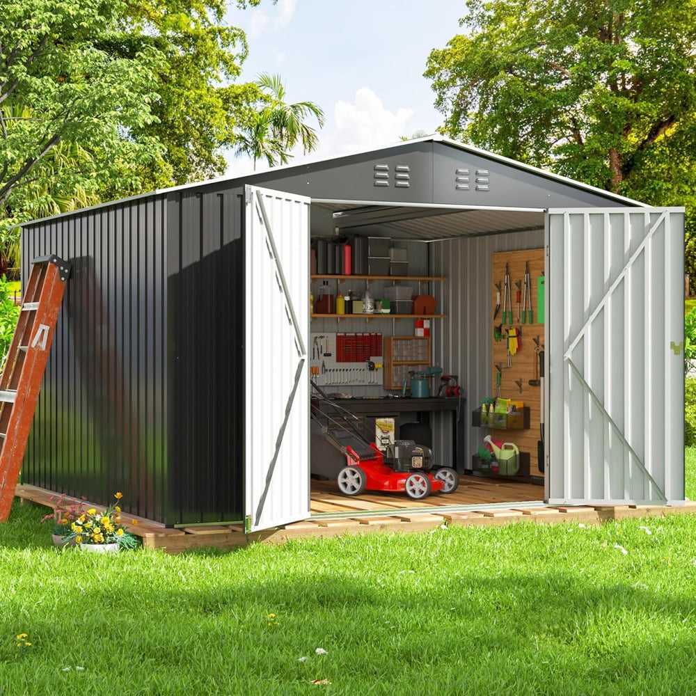 8'x10' Outdoor Storage Shed with Updated Frame Structure and Lockable Doors, Metal Tool Sheds for Backyard Garden Patio Lawn