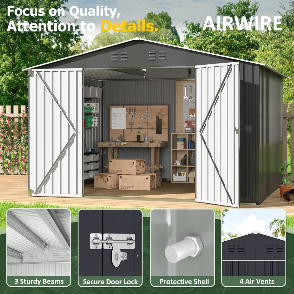 8'x10' Outdoor Storage Shed with Updated Frame Structure and Lockable Doors, Metal Tool Sheds for Backyard Garden Patio Lawn