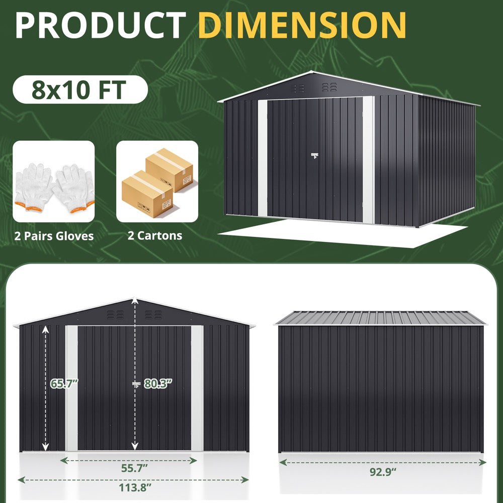 8'x10' Outdoor Storage Shed with Updated Frame Structure and Lockable Doors, Metal Tool Sheds for Backyard Garden Patio Lawn