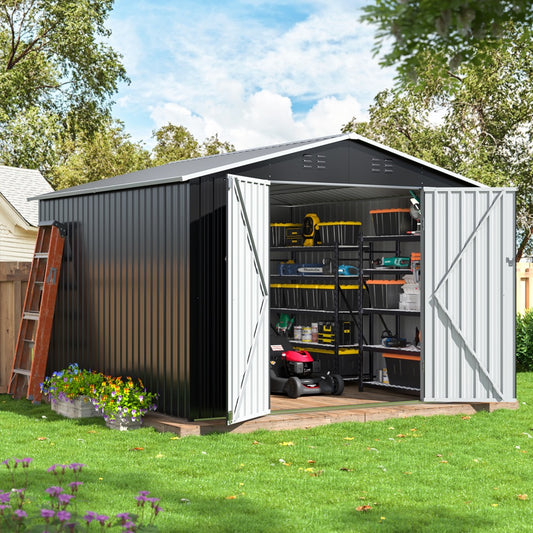 10x9 FT Outdoor Storage Shed, Garden Shed with Updated Frame Structure and Lockable Doors, Metal Tool Sheds for Backyard Garden Patio Lawn