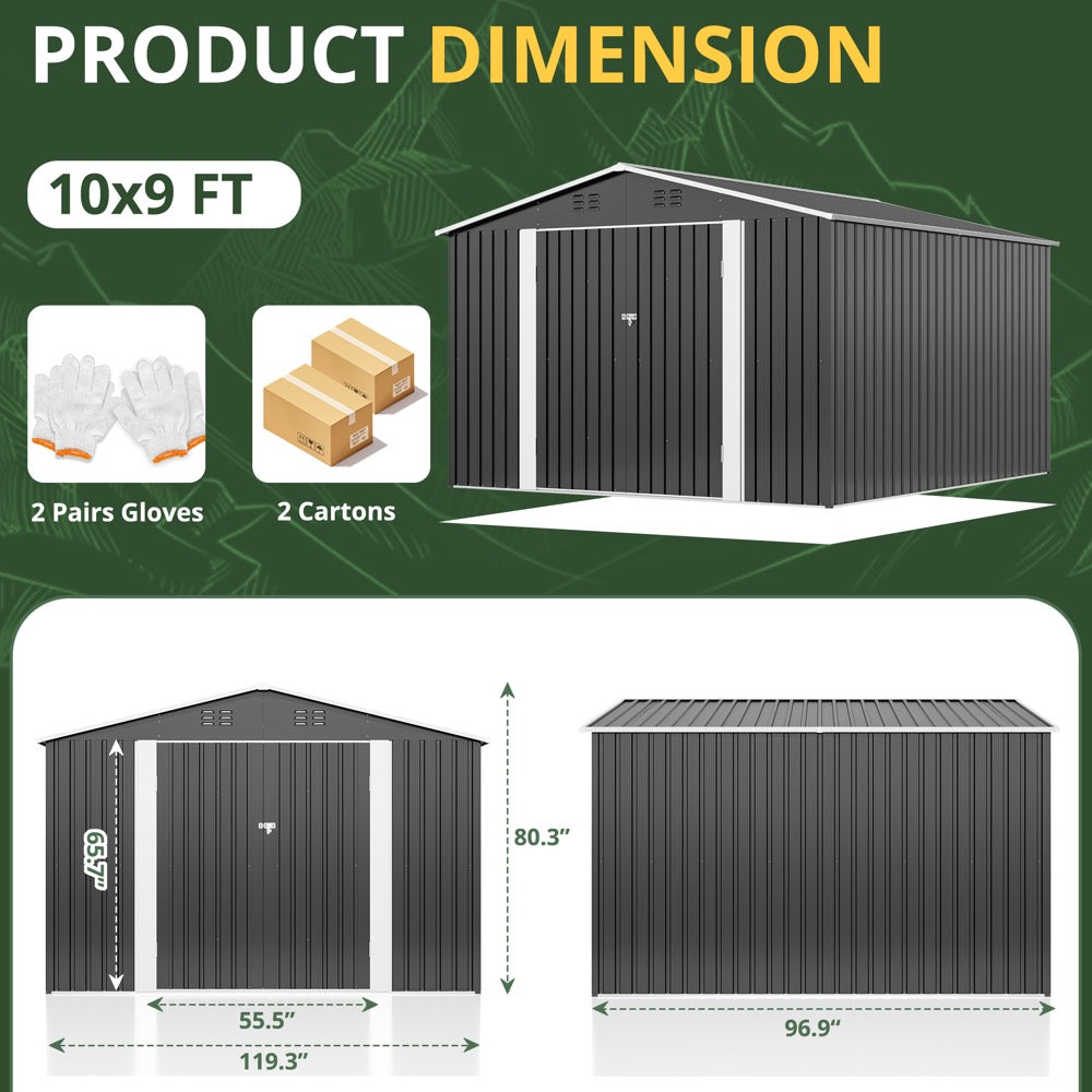 10x9 FT Outdoor Storage Shed, Garden Shed with Updated Frame Structure and Lockable Doors, Metal Tool Sheds for Backyard Garden Patio Lawn