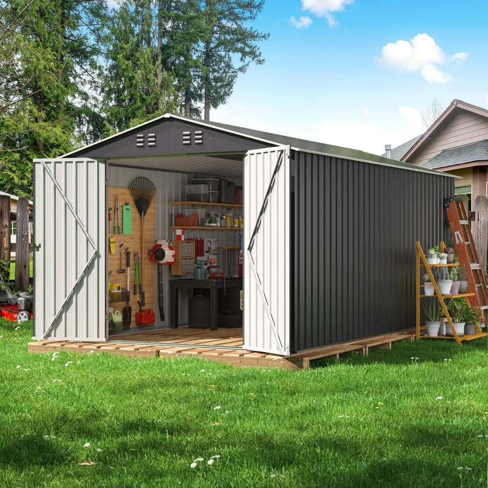 8' x 12' Outdoor Storage Shed, Metal Tool Shed with Updated Frame Structure and Lockable Doors for Backyard, Lawn, Patio