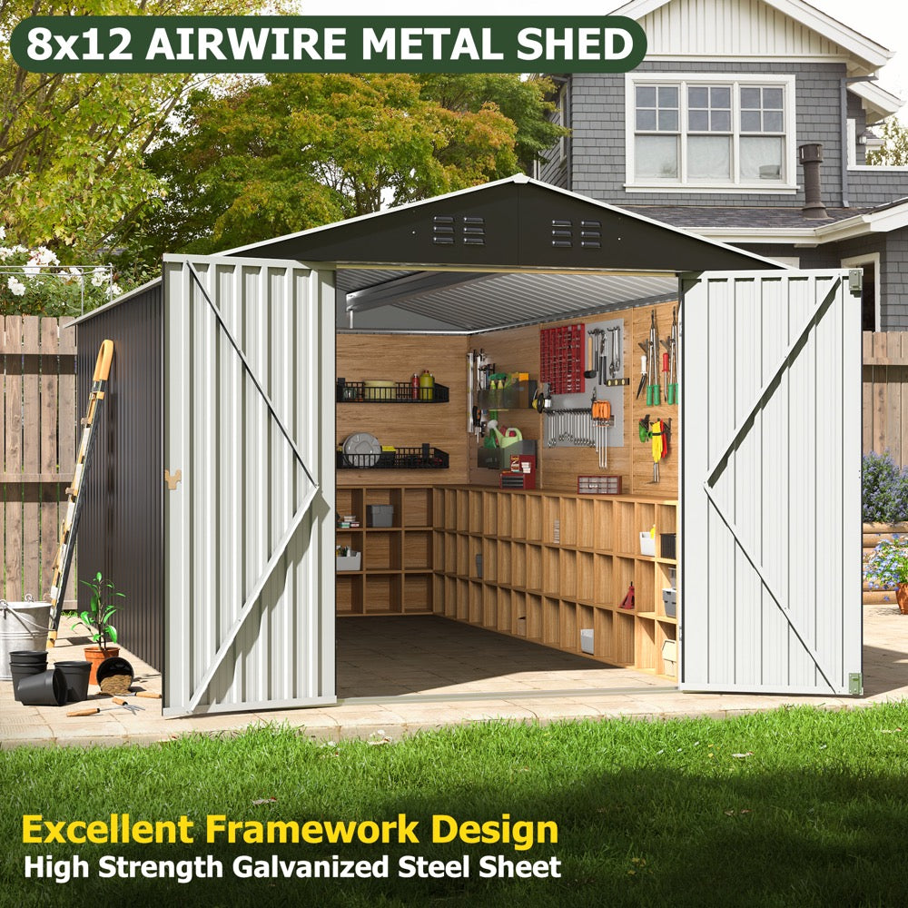 8' x 12' Outdoor Storage Shed, Metal Tool Shed with Updated Frame Structure and Lockable Doors for Backyard, Lawn, Patio