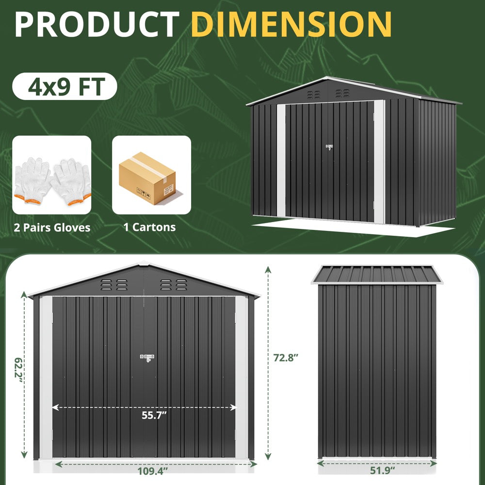 9x4 FT Metal Storage Shed, Large Outdoor Shed with Updated Frame Structure, Garden Tool Sheds for Backyard Patio Lawn, Grey