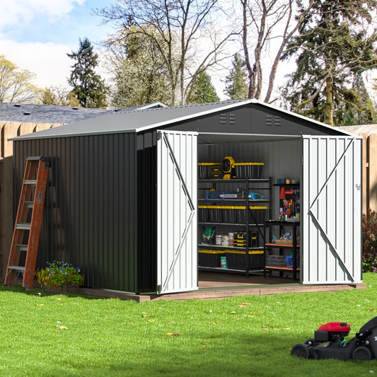 10x10 FT Outdoor Storage Shed, Garden Shed with Updated Frame Structure and Lockable Doors, Metal Tool Sheds for Backyard Garden Patio Lawn, Grey