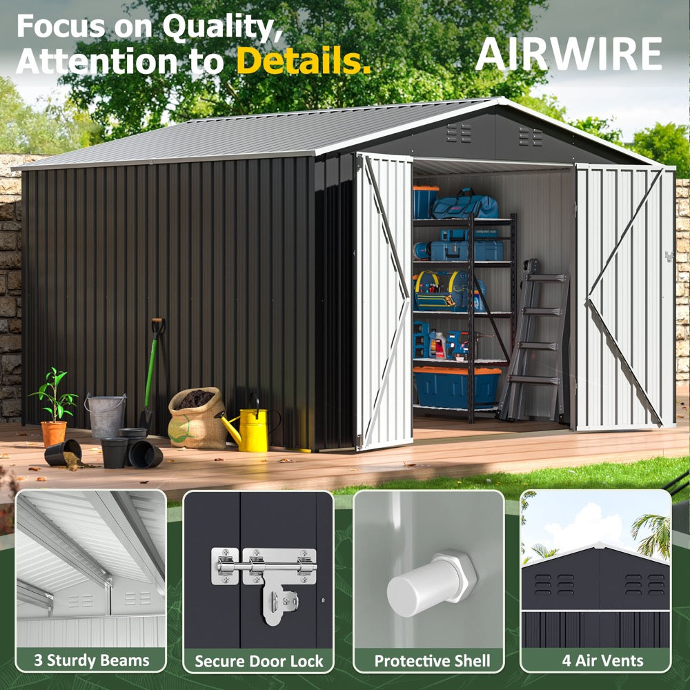 10x10 FT Outdoor Storage Shed, Garden Shed with Updated Frame Structure and Lockable Doors, Metal Tool Sheds for Backyard Garden Patio Lawn, Grey