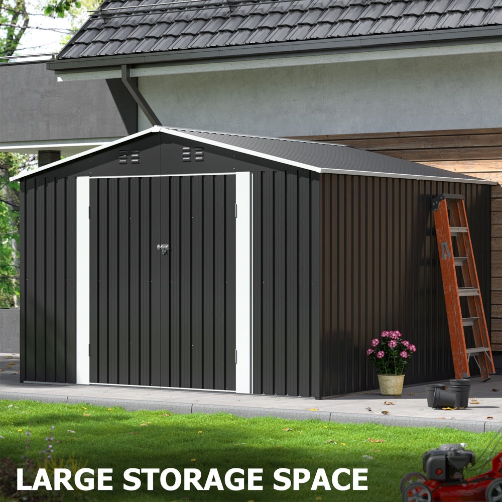 10x10 FT Outdoor Storage Shed, Garden Shed with Updated Frame Structure and Lockable Doors, Metal Tool Sheds for Backyard Garden Patio Lawn, Grey