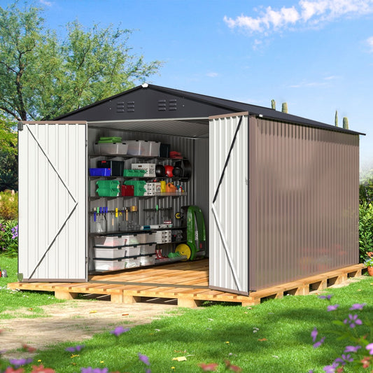 12'x8' Outdoor Storage Shed with Updated Frame Structure and Lockable Doors, Metal Tool Sheds for Backyard Garden Patio Lawn, Brown