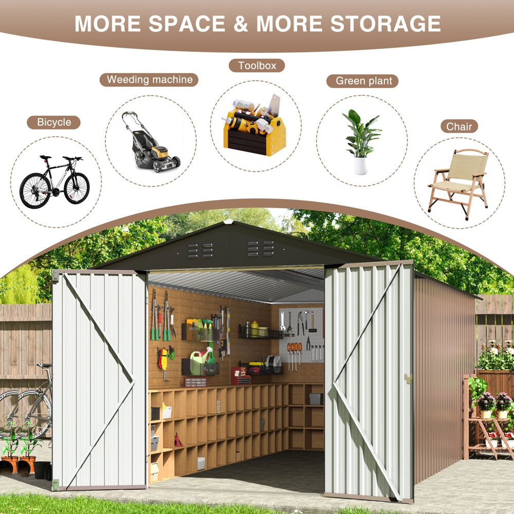 12'x8' Outdoor Storage Shed with Updated Frame Structure and Lockable Doors, Metal Tool Sheds for Backyard Garden Patio Lawn, Brown