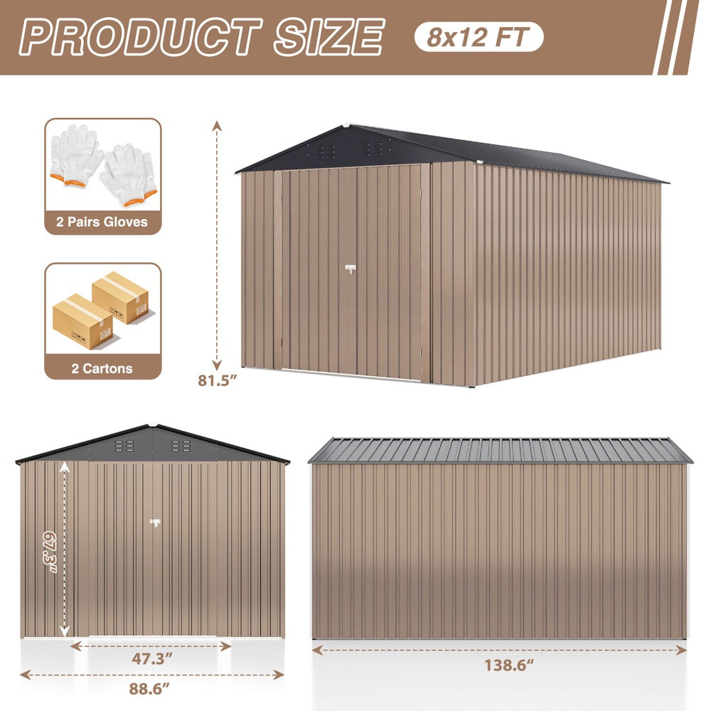 12'x8' Outdoor Storage Shed with Updated Frame Structure and Lockable Doors, Metal Tool Sheds for Backyard Garden Patio Lawn, Brown