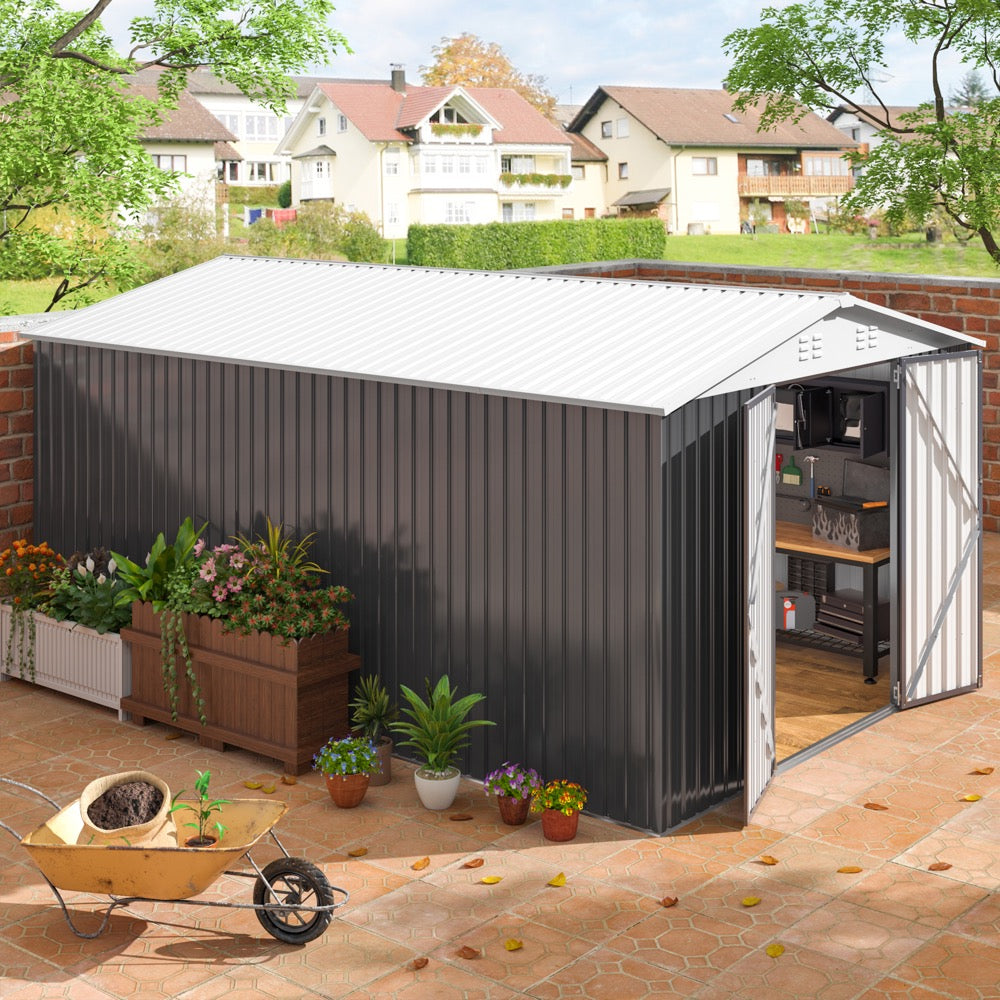 10x14ft Outdoor Metal Storage Shed with Updated Frame Structure and Lockable Doors for Backyard, Garden, Patio, Lawn