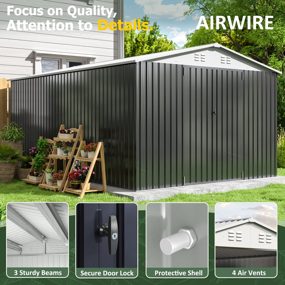 10x14ft Outdoor Metal Storage Shed with Updated Frame Structure and Lockable Doors for Backyard, Garden, Patio, Lawn