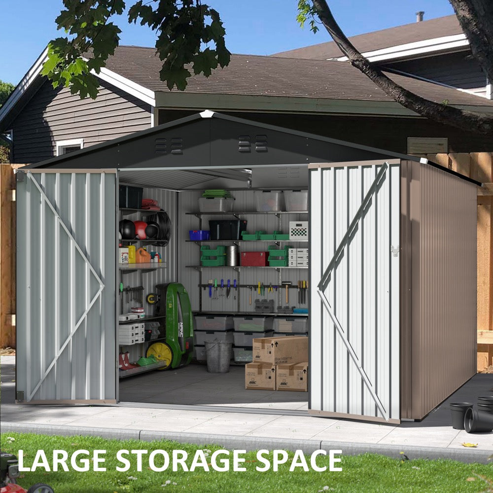 10' x 10' Outdoor Metal Storage Shed with Updated Frame Structure and Lockable Doors for Backyard, Garden, Patio, Lawn, Brown