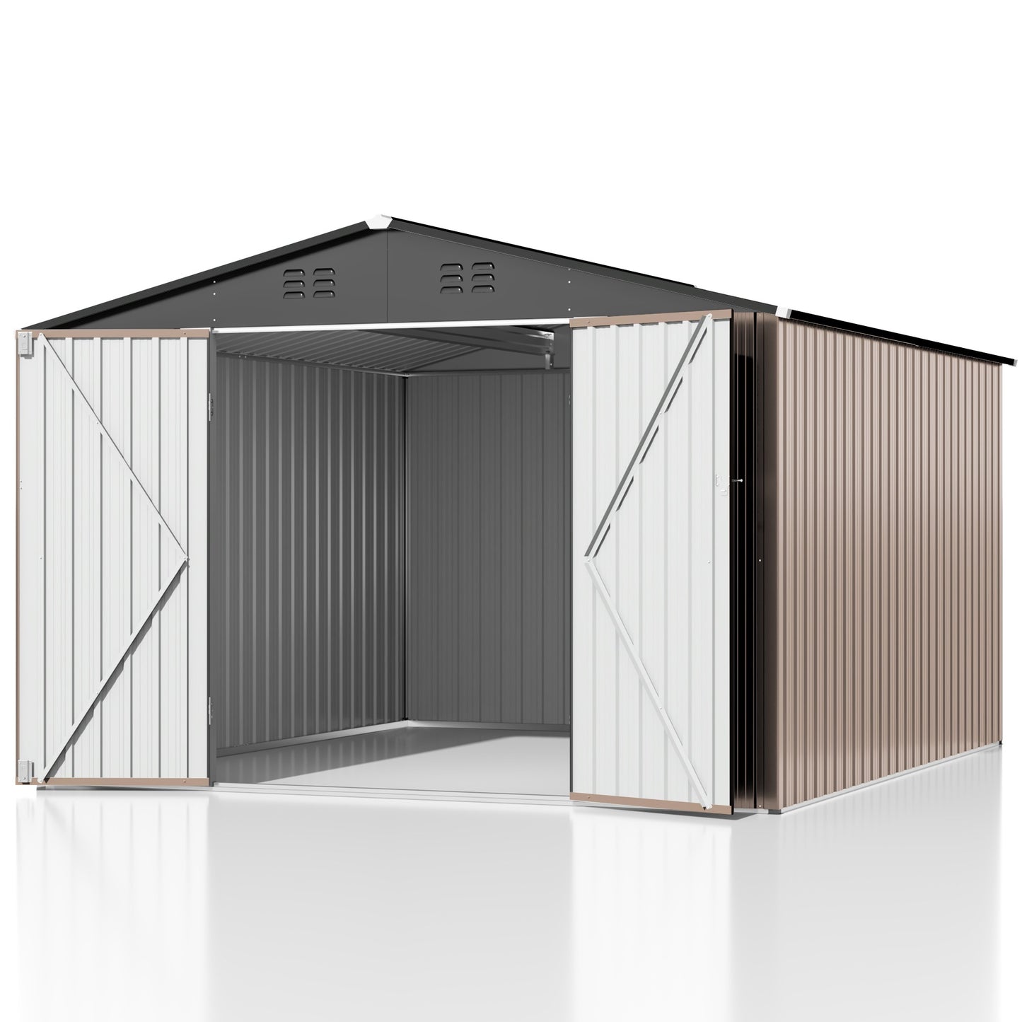 10' x 10' Outdoor Metal Storage Shed with Updated Frame Structure and Lockable Doors for Backyard, Garden, Patio, Lawn, Brown