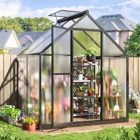 4' x 6' Quick Setup Polycarbonate Greenhouse with Window, Large Aluminum Walk-in Green House for Backyard/Outdoor