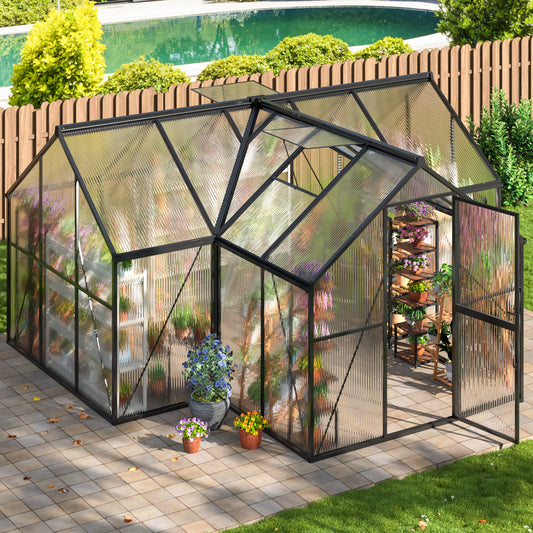 12'x12' T-Shape Outdoor Greenhouse, Double Roof Vents and Doors, Walk-in Polycarbonate Green House with Aluminum Frame for Backyard