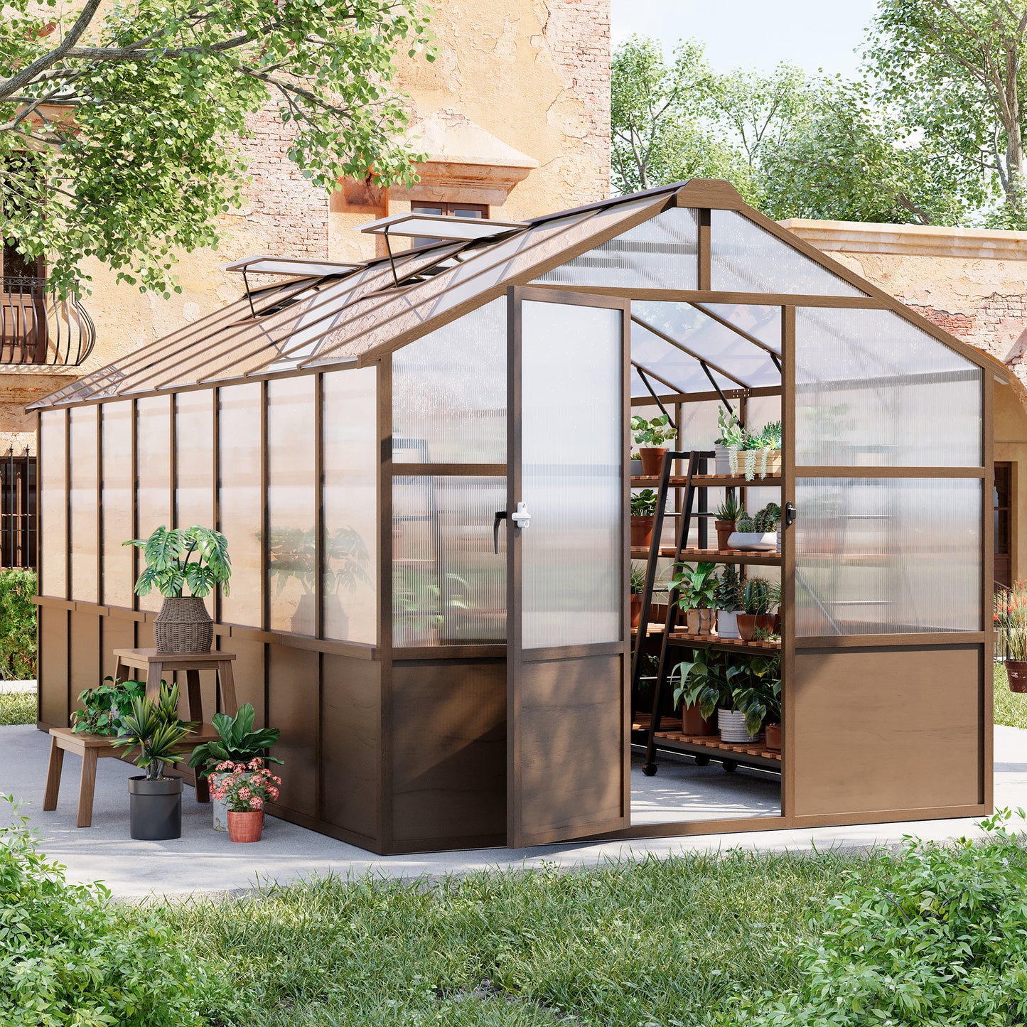 NETAJE 8'x16' Outdoor Wooden Greenhouse, Heavy Duty Walk in Polycarbonate Greenhouse with Ventilated Window, Locked Door and Roof Vent for Patio, Garden, Backyard, Brown