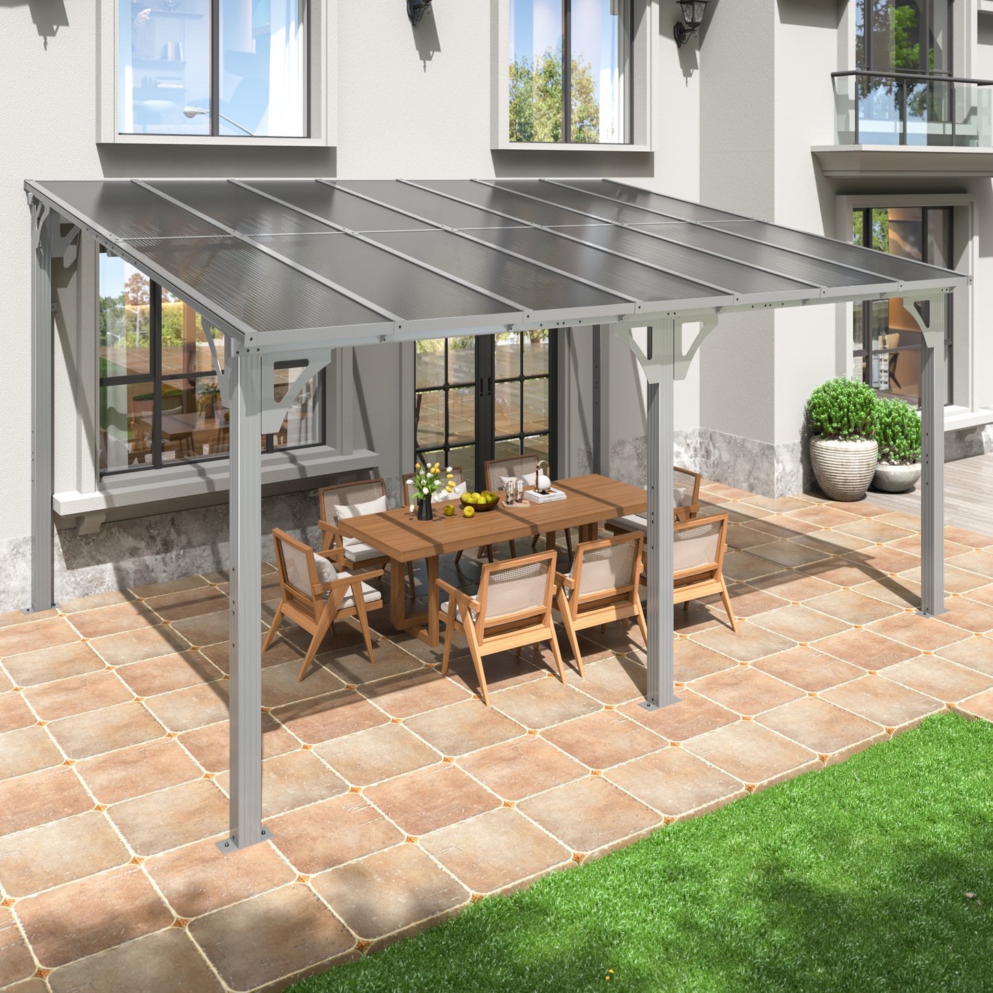 10'x14' Outdoor Gazebo, Hardtop Wall Mounted Gazebo & Pergola with Aluminum Frame and Sloping Roof, for Backyard, Deck, Patio-Gray