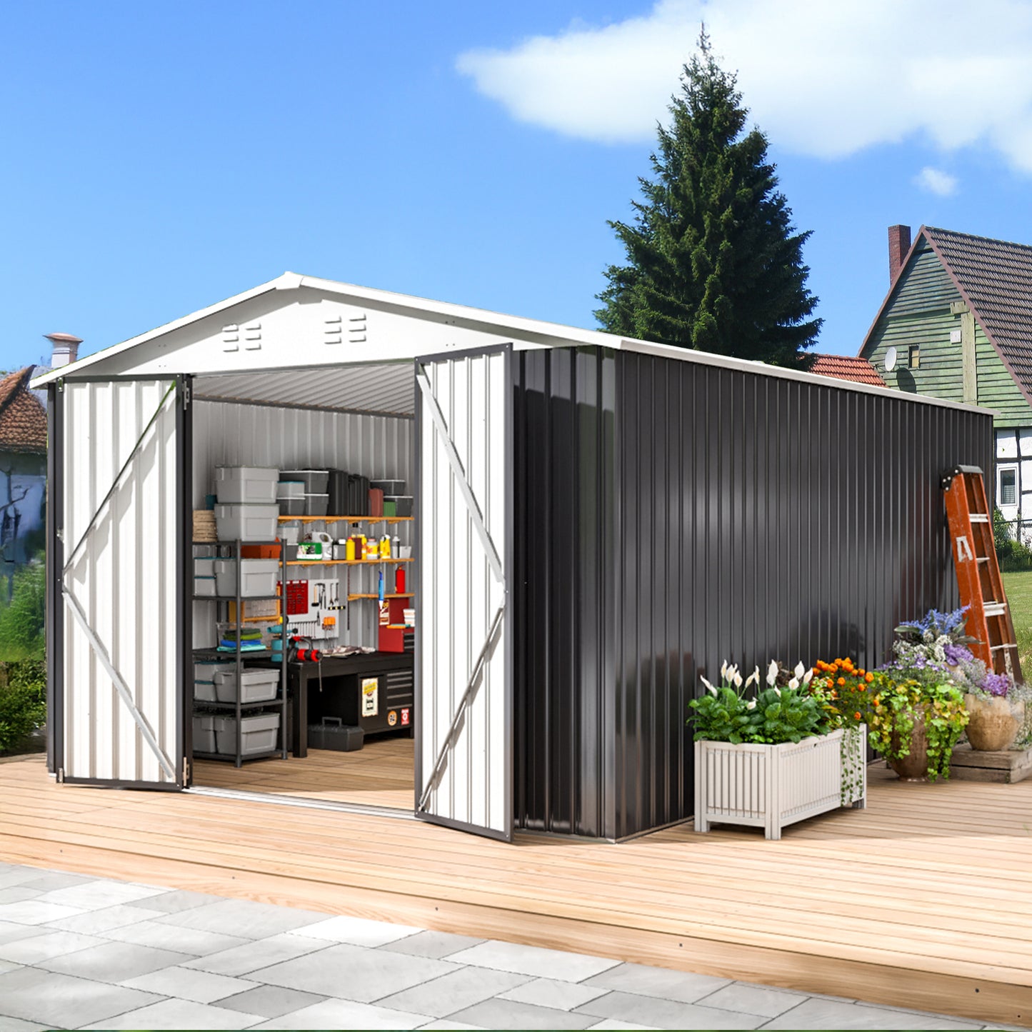 MUCHANT 10'x14' Outdoor Metal Storage Shed with Updated Frame Structure and Lockable Doors, Steel Garden Tool Sheds for Backyard, Patio, Lawn, White