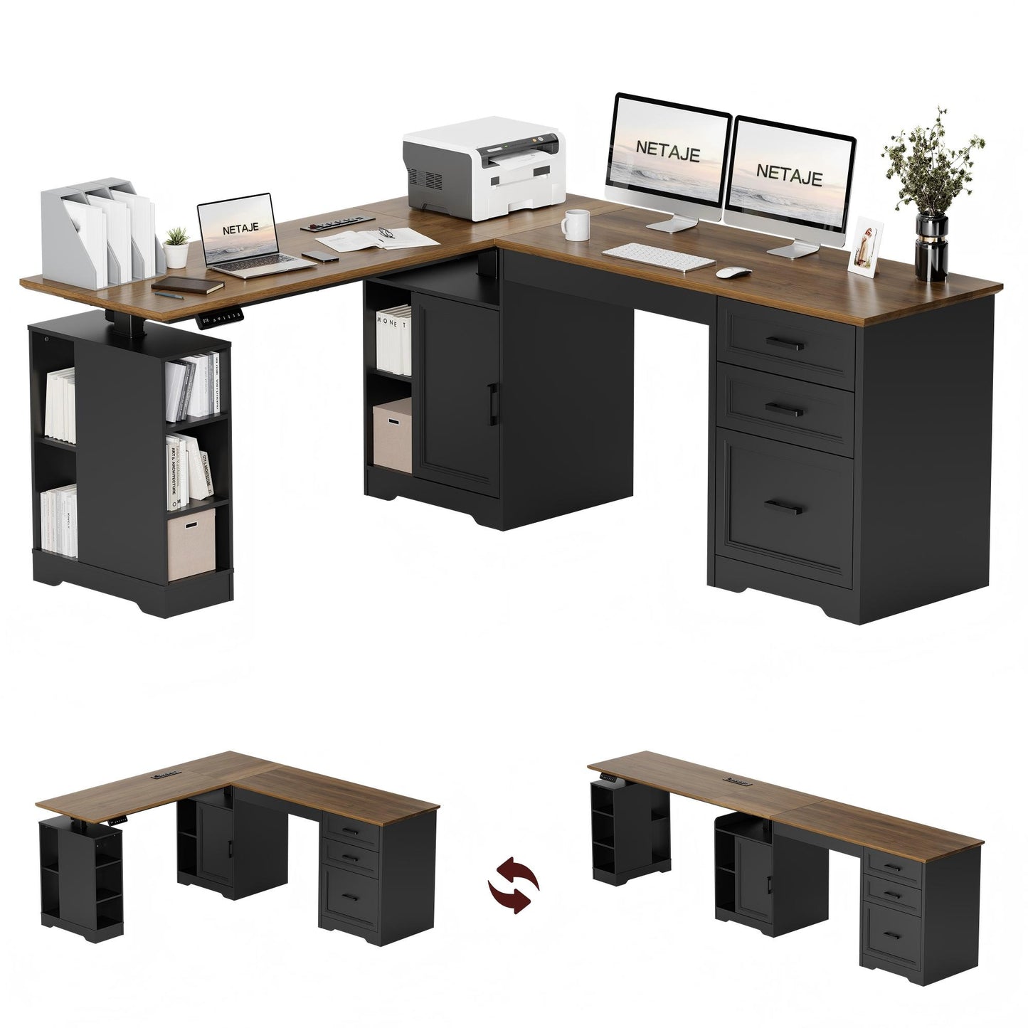 NETAJE L Shaped Electric Standing Desk, Height Adjustable Sit Stand Computer Desk with Power Outlet, Reversible Home Office Desk