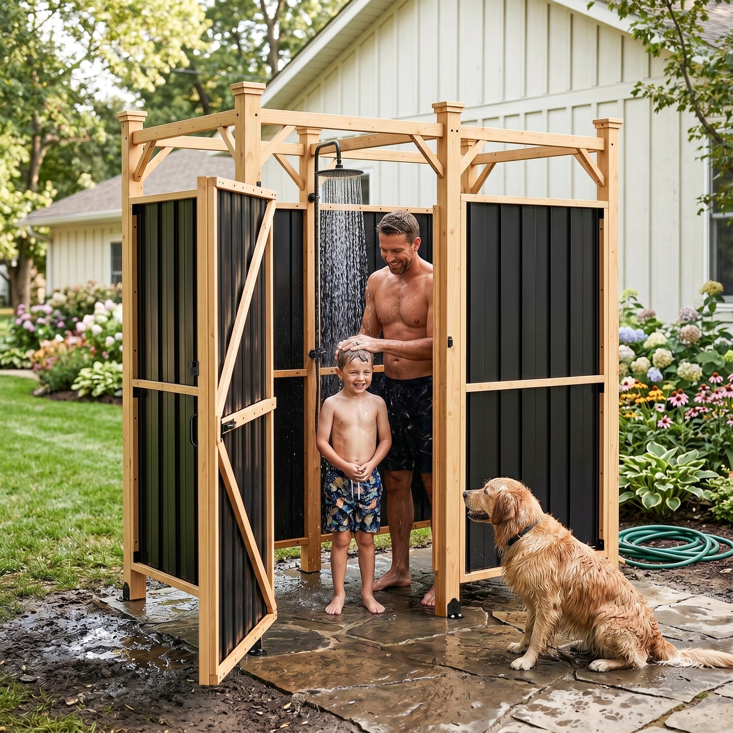 NETAJE 2-in-1 Outdoor Shower Enclosure with Changing Room, Solid Wood & Galvanized Steel Privacy Shower Stall for Poolside, Beach, Backyard
