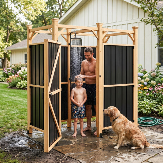 NETAJE 2-in-1 Outdoor Shower Enclosure with Changing Room, Solid Wood & Galvanized Steel Privacy Shower Stall for Poolside, Beach, Backyard