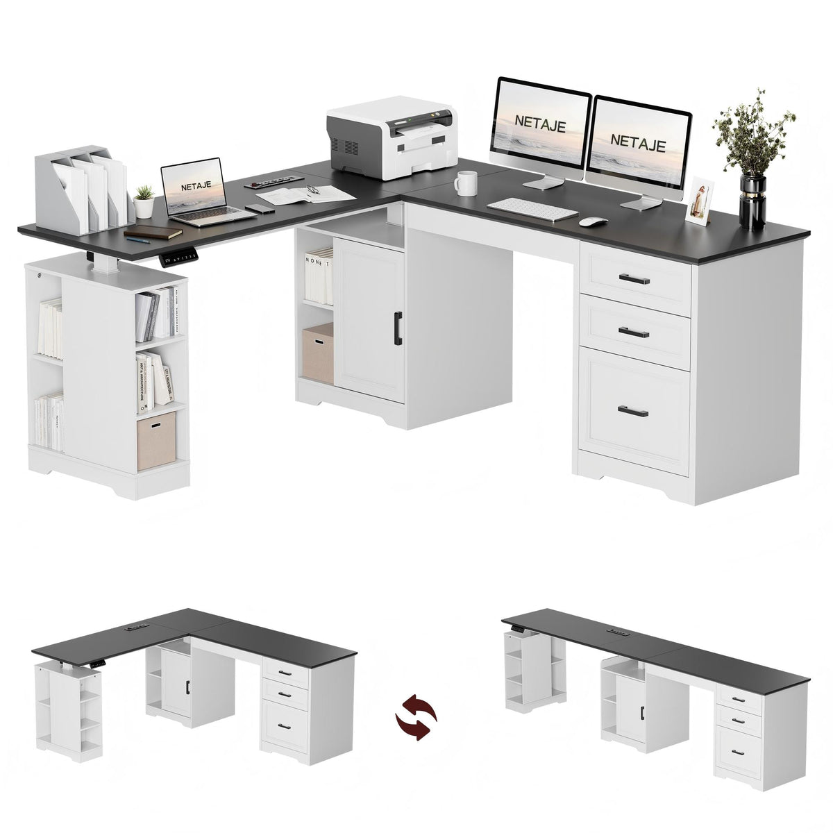 NETAJE L Shaped Electric Standing Desk, Height Adjustable Sit Stand Computer Desk with Power Outlet, Reversible Home Office Desk