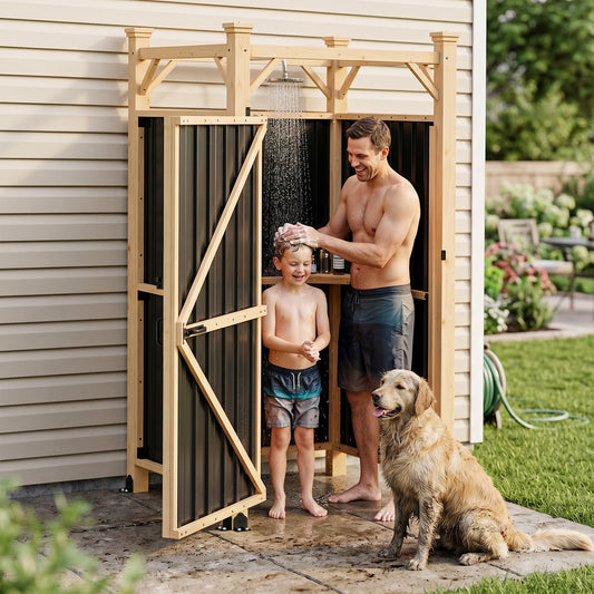 NETAJE Freestanding Outdoor Shower Enclosure,Wood Privacy Shower Stall with Metal Panels and Lockable Door,Waterproof Backyard Shower Room for Poolside, Patio & Beach House