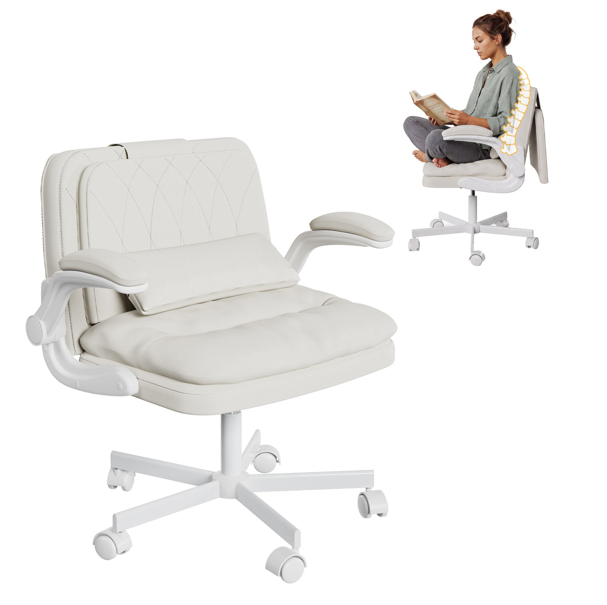 NETAJE Criss Cross Office Chair with Flip Backrest & Lumbar Pillow, Wide Cross Legged Desk Chair for Home Office, Bedroom