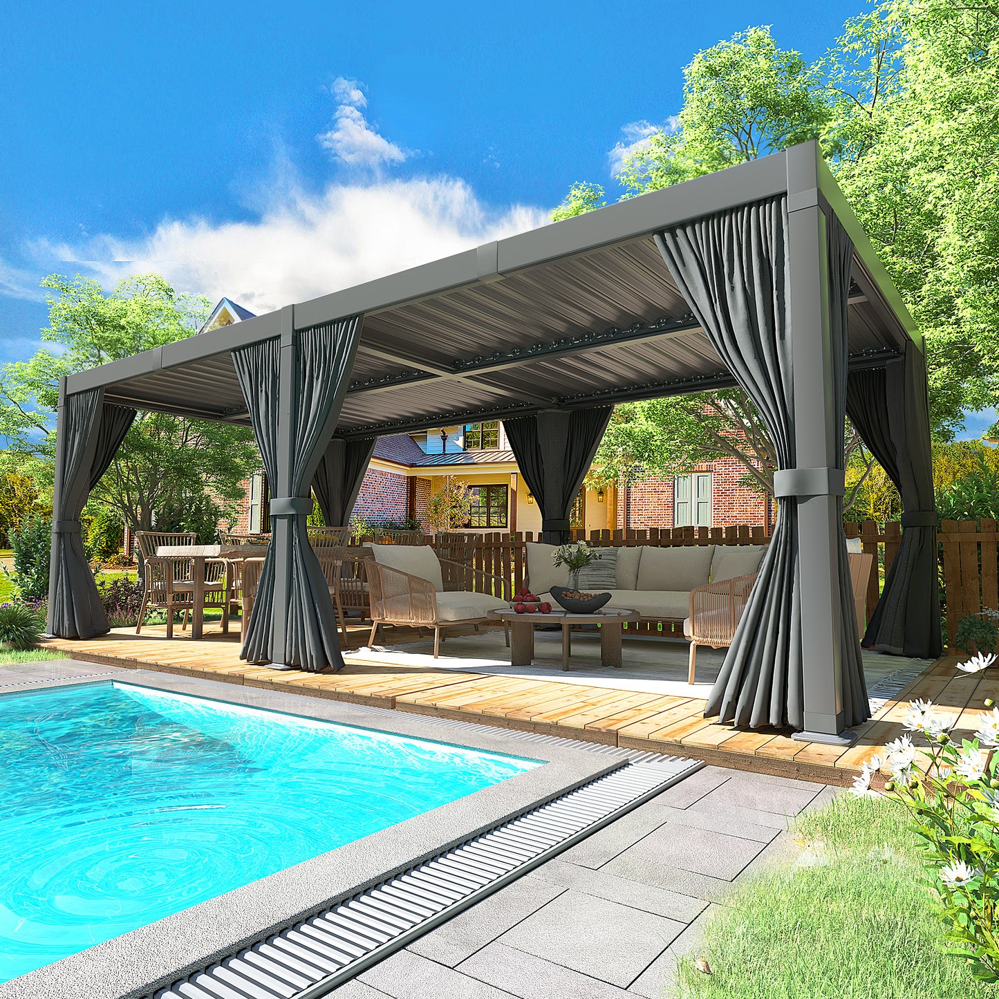 10' x 20' Outdoor Aluminum Louvered Pergola with Adjustable Louvered Roof for Backyard, Garden, and Decks, Gray