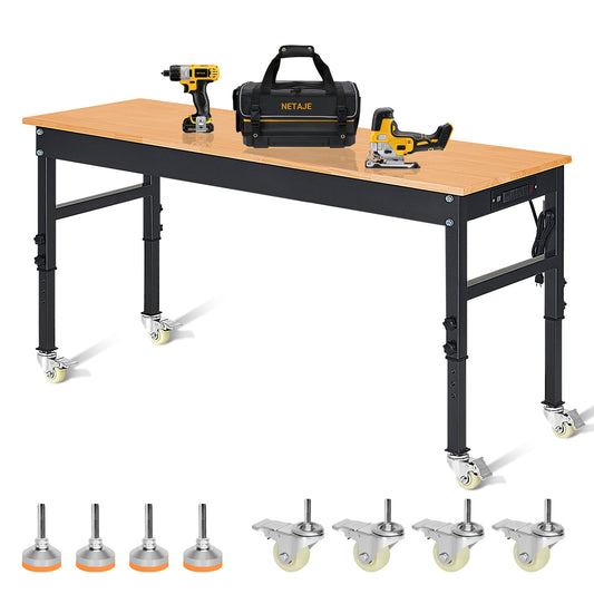 70" Heavy-Duty Workbench Adjustable Work Bench Rubber Wood Work Table 2000 LB Load Capacity w/Hardwood Top, Power Outlets, Wheels,Metal Frame for Garage, Workshop, Office, Home, Workstation