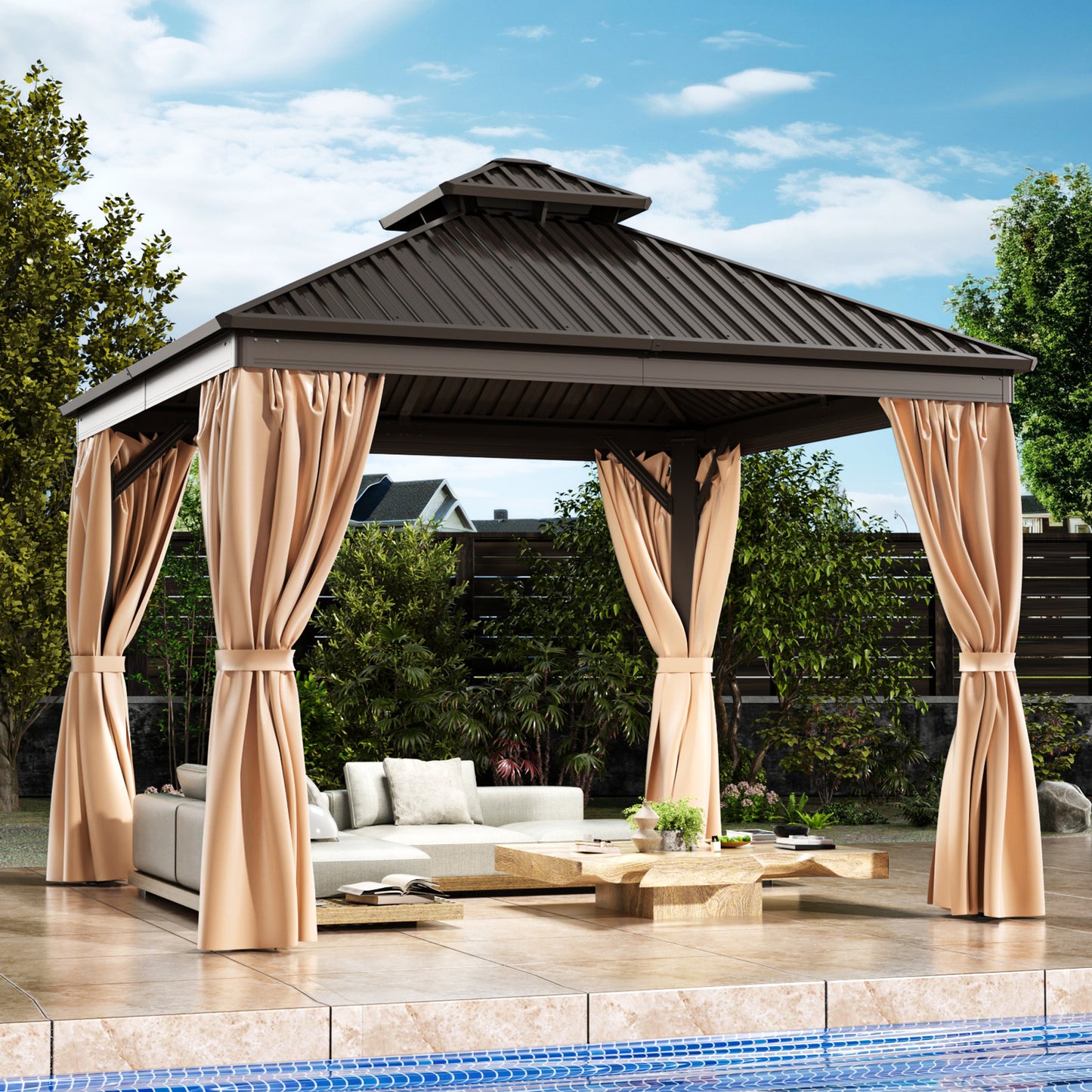 10x10 FT Hardtop Gazebo, Heavy Duty Gazebo with Aluminum Frame and Galvanized Steel Double Roof for Garden, Patio, Lawns, Brown