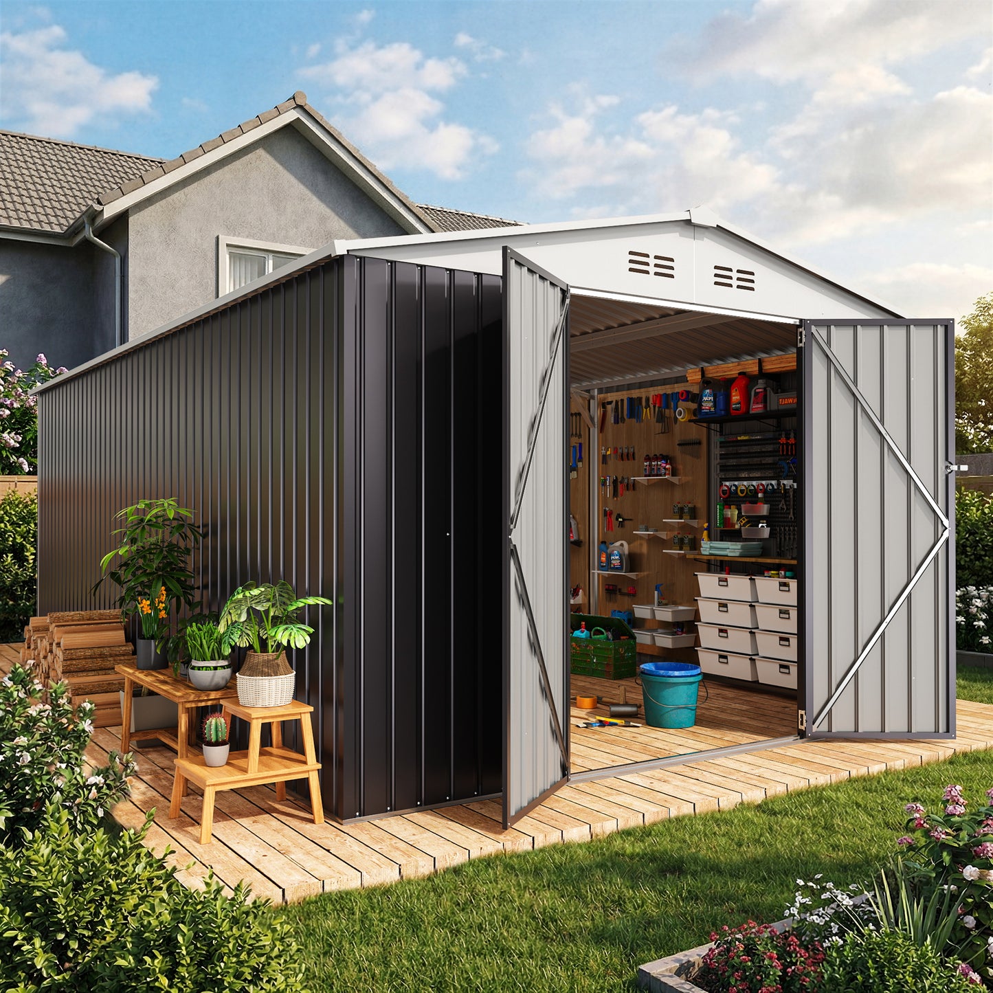 NETAJE 10'x16' Outdoor Storage Shed with Lockable Doors and Updated Frame, Metal Steel Storage Sheds for Outside, Backyard, Garden, Lawn