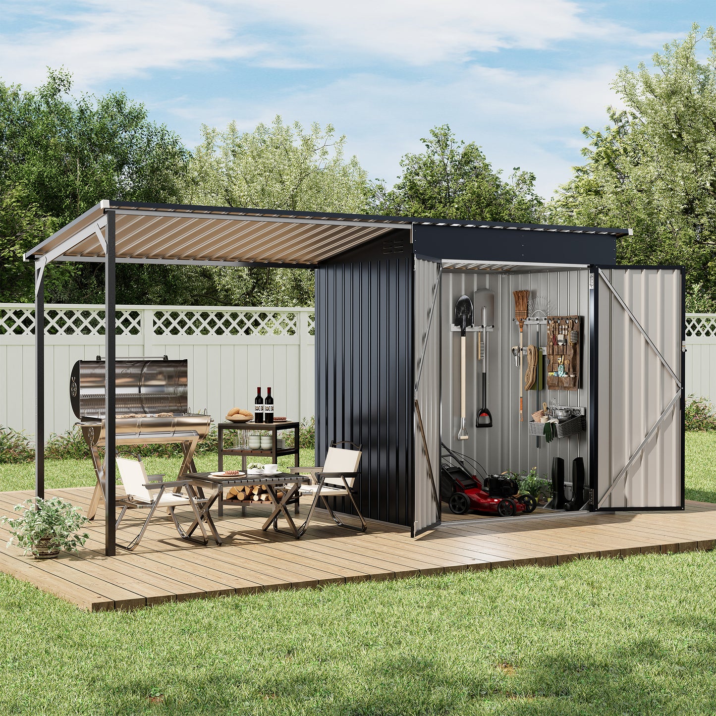 NETAJE 12x4 ft 2-in-1 Outdoor Storage Shed and Hardtop Pergola Combo, Metal Lean to Shed with Lockable Door for Patio, Backyard, Deck