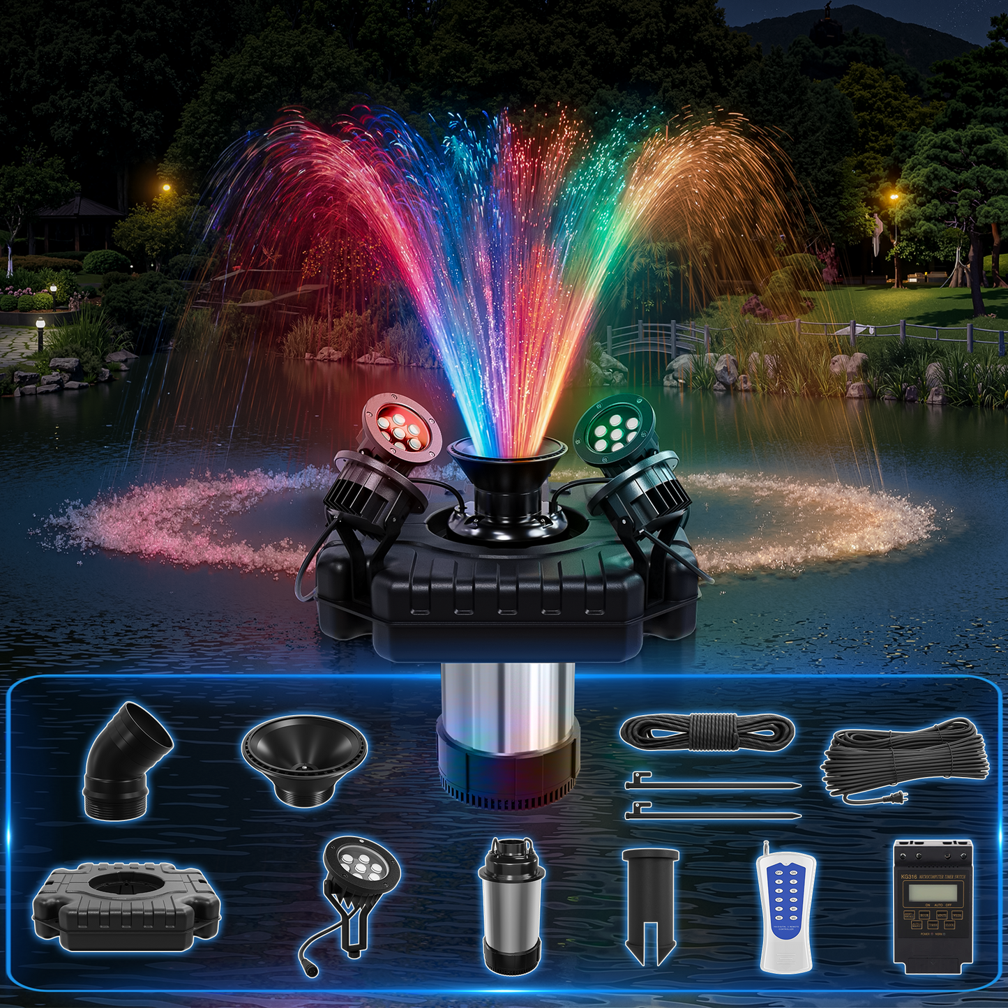 NETAJE Pond Fountain Aerator with 4 Color Changing LED Lights & Remote, Outdoor Water Fountain Pump for Ponds & Lakes,1HP 110V 750W 15000 GPH，Black