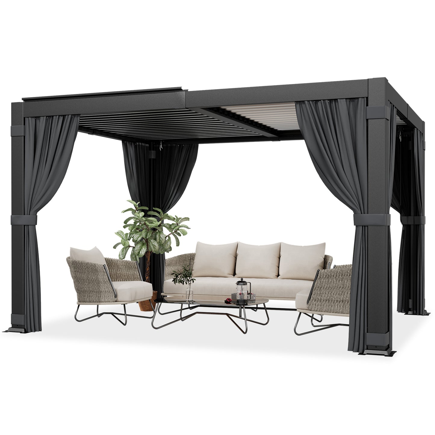 NETAJE 10'x12' Hardtop Louvered Pergola, Aluminum Outdoor Pavilion with Adjustable Louvered Roof & Drainage System, Permanent Gazebo with Curtains and Netting for Patio, Garden, Decks