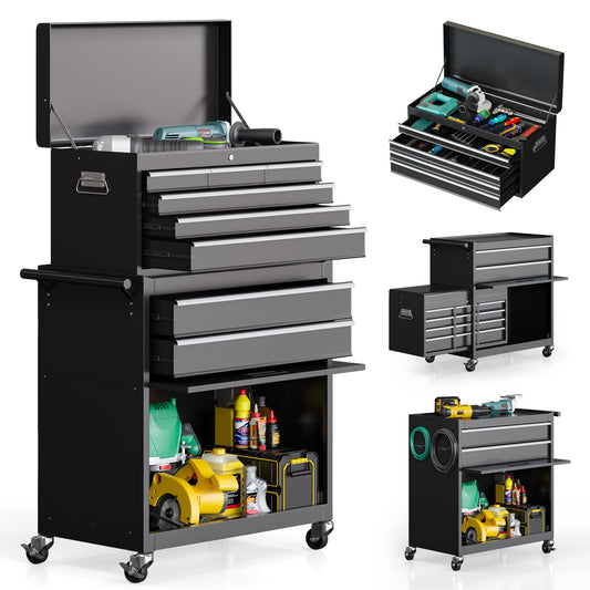 NETAJE Metal Tool Chest, 2 in 1 Steel Rolling Tool Box & Cabinet On Wheels for Garage, Detachable Top Tool Box and Lockable Wheels Metal Tool Cart for Garage, 8-Drawer, Black
