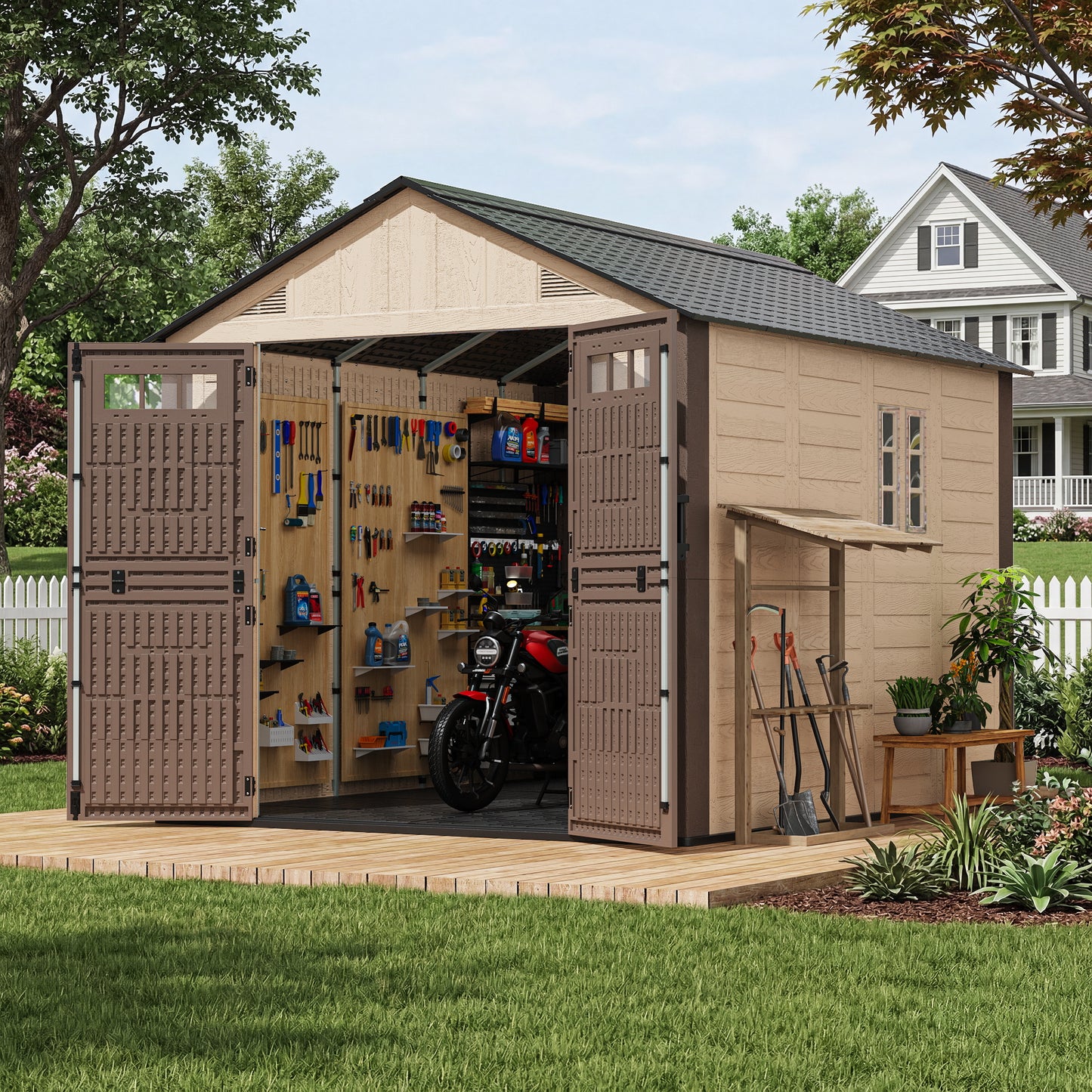 NETAJE 8x10 ft Resin Storage Shed, Outdoor Plastic Tool Shed with Floor, Lockable Door, Window and Vents for Patio, Backyard, Beige & Brown
