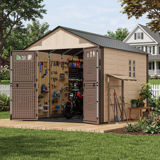 NETAJE 8x10 ft Resin Storage Shed, Outdoor Plastic Tool Shed with Floor, Lockable Door, Window and Vents for Patio, Backyard, Beige & Brown