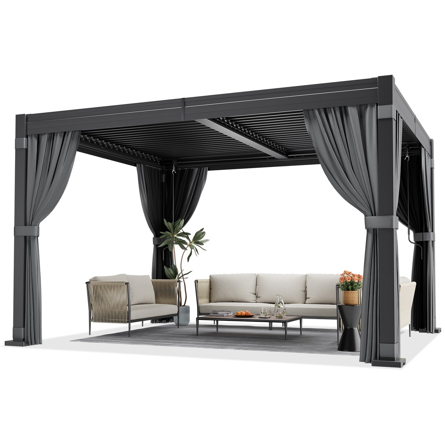 NETAJE 10'x12' Hardtop Louvered Pergola with Curtains and Netting, Outdoor Metal Pavilion with Adjustable Louvered Roof & Drainage System for Patio, Garden, Deck, Backyard